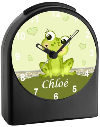 CreaDesign, WU-50-1059, Frosch, analog Kinderwecker schwarz, Funkwecker ohne Ticken, mit Licht, personalisiert mit Namen, 9,6 x 5,5 x 11,9 cm, 104 g