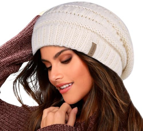 FURTALK Damen Beanie Mütze Warme Wintermütze mit Weichem Innenfutter Gefütterte Strickmütze,Beige,Einheitsgröße