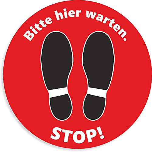 Fußbodenaufkleber Rot | Stop! Bitte Hier warten Aufkleber | Rund - 30 cm | Rutschhemmend und Trittsicher | wasserfester Bodenaufkleber | Warnhinweis Corona Sicherheitsabstand (Rot)
