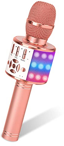 Amazmic Máquina de Karaoke para niños, micrófono portátil, Bluetooth, máquina de Mano con Luces LED, Fiesta de cumpleaños Infantil, KTV en casa (Oro Rosa)
