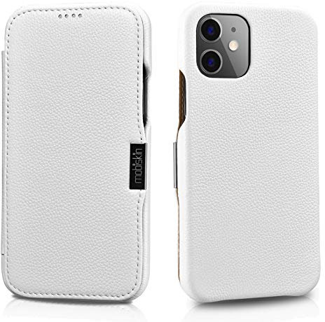 Mobiskin case compatible with Apple iPhone 12 MINI (5.4 inch), cover with genuine leather, book-style protective phone case, ultra-slim folio, thin wallet, white