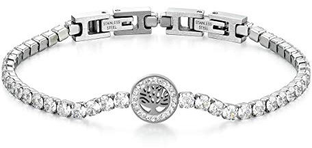 JewelryWe Armband mit Keramik Zirkonia glänzend Perlen Tennisarmband mit Lebensbaum, Edelstahl