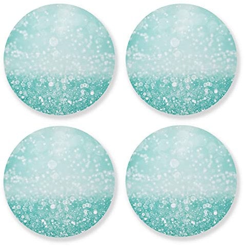 Teal Green Glitter Sparkle Confetti Turquoise Aqua Mint Diamonds 4 Set Wood Mug Coaster, Cup Mat Pad for Kinds of Mugs, Oversize Stone Coasters Holder with Cork Base Housewarming Drinks Gifts