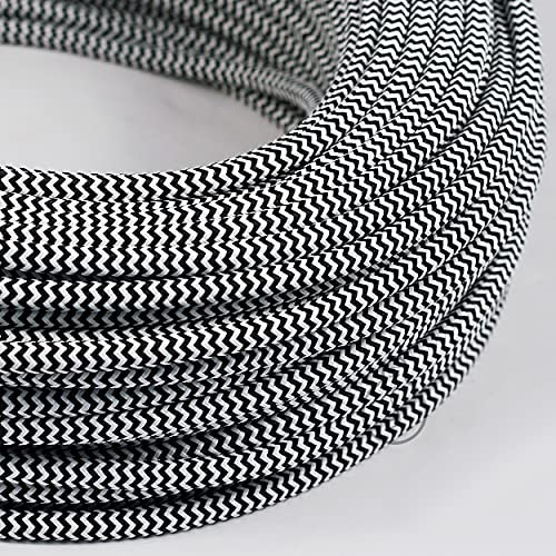 Amarcords - Cavo elettrico tessile colore BIANCO-NERO ZIG-ZAG, tondo, seta, 3 metri, con messa a terra 3x0,75mm - Filo rivestito in tessuto colorato vintage per lampade applique e abat jour.