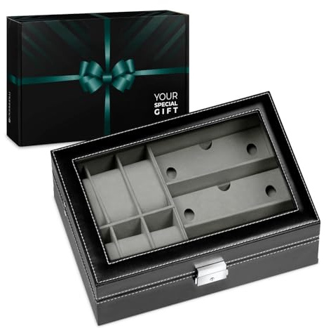 Maverton Scatola Porta Occhiali ed Orologi, 9 scomparti, 6 Orologi | 3 Paia di Occhiali, in Similpelle Nera e Velluto Grigio, Chiusura a Chiave, per le coppie, uomo, donna