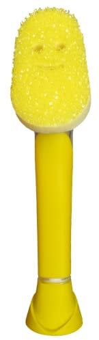 Scrub Daddy Dish Daddy - Brosse Vaisselle avec Reservoir, Éponge de Nettoyage Grattante FlexTexture, Manche Intégré avec Distributeur Liquide Vaisselle, Brosse Eponge et Stand de Support - Jaune