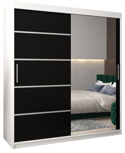MEBLE KRYSPOL Kleiderschrank mit Spiegel Verona 2 - Garderobenschrank - Schrank Schlafzimmer - Mehrzweckschrank Zwei Schiebetüren - Regalen - Flur Möbel - Kleiderstange Schrank - Allzweckschrank