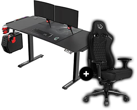ULTRADESK - Level V2 Höhenverstellbarer Schreibtisch - Elektrischer Computertisch - 140x68 cm, für Gaming, Büro, Homeoffice - Set mit XL-Mauspad, LED RGB, Throne Gaming Stuhl - Schwarz LED + Throne