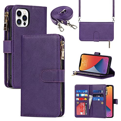 Cavor Crossbody iPhone 12/12 Pro Case With Card Holder With Strap,Flip Leather Wallet Case,[9 Card Holder] Zipper Detachable Lanyard Phone Case Cover for Women for iPhone 12/12 Pro - Purple