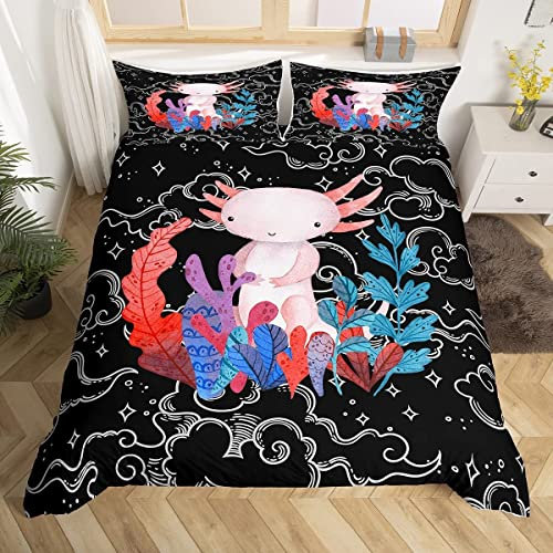 Loussiesd Niedliches Axolotl-Bettwäscheset Kinder Jungen Schlafzimmer, Cartoon-Salamander Bettbezug-Set, Kawaii-Tiere Mädchen Axolotl Bettwäsche 135x200cm Konstellation, Schwarz, Dekor, 2-teilig