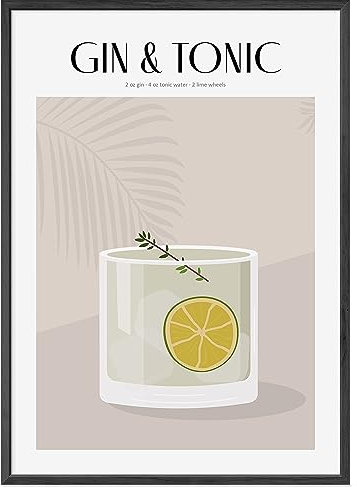 JUNOMI® Gin Tonic Poster DIN A2, Cocktail, Longdrink, Bar, Getränke, Cocktail Set | mit Rahmen Schwarz
