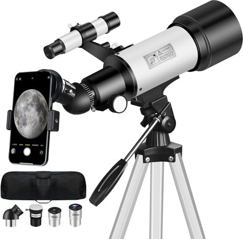 Mijiao Telescopio Astronómico Adultos, 70/400mm Telescopio Refractor para Niños y Principiantes, Profesional Telescopios Astronomía para Observación Luna con Trípode, Adaptador de Teléfono (Blanco)