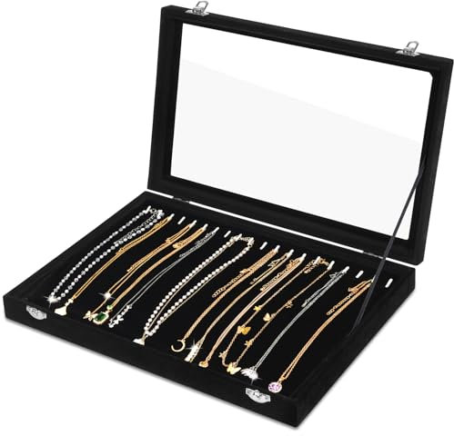 mepure Jewellery Box for Women, Velvet Necklace Holder with 20 Hooks, Clear Lid Necklace Stand, 35cm x 24cm x 5cm – Elegant Jewellery Storage Organiser
