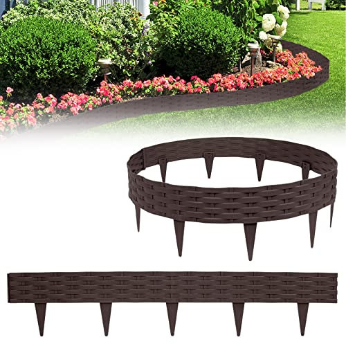 Yznahre Beetumrandungen Rasenkante Rattan-Optik, 25M Beeteinfassung Zaun Gartenpalisade Mähkante Flexible Garten Rasenkanten aus Kunststoff 20 cm Hoch, Braun (25 x 100cm)