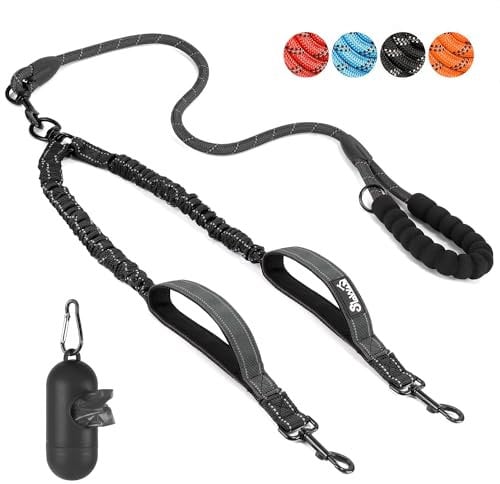 Eyein Doppelleine für 2 Hunde, Hundeleine für kleine und mittelgroße Hunde, Flexible und reflektierende verhedderungsfreie Hundeleine mit 2 gepolsterten Griffen für Hund von 3 bis 16 kg (Schwarz)