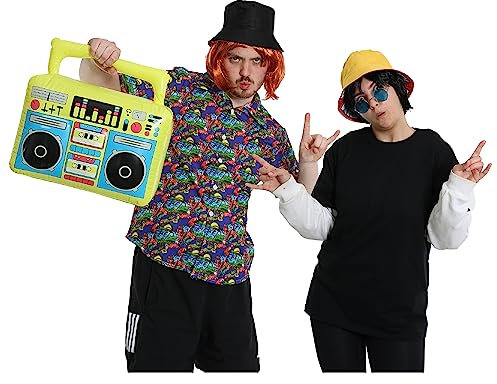 Adults Superstar Dj Duo Costume Set - Ginger Wig, Black Wig, Black Bucket Hat, Yellow Bucket Hat, Glasses, Blue Shirt and Inflatable Boombox - Perfect for British Icon Dress Up Fancy Dress