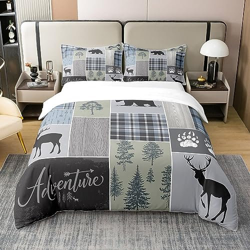100% Baumwolle Rustikale Patchwork Bettwäsche Set 155x220,Karo Buffalo Plaid Bettbezug für Kinder Teens Erwachsene,Bauernhaus Wald Wildlife Bär Elch Kiefern Muster Gedruckt Tröster Abdeckung