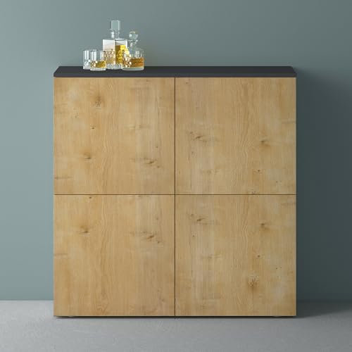 Mai & Mai Möbel Kommode Aufbewahrungsschrank mit 4 Türen in Anthrazit matt + Kerneiche Sideboard Schrank Mehrzweckschrank BTH: 100x36,4x98 cm Schrank04