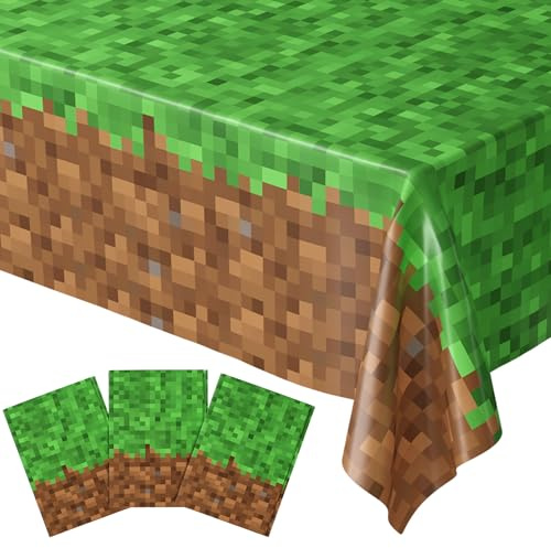 Blue Orchards Pixel Miner Table Cover (Pack of 3) - 54x108 XL - Gamer Party Supplies, Mining Craft Party Decorations