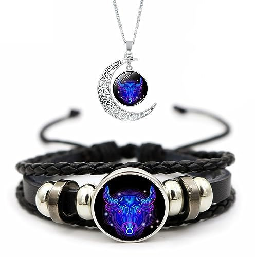 Overhil1s Zodiac Signs Spirit Bracelet, 12 Constellation Weave Leather Bracelet and Moon Pendant Necklace, Glow in the Dark Zodiac Bracelet for Men Women Girls Jewelry Gifts Set (Color : 2-Taurus)