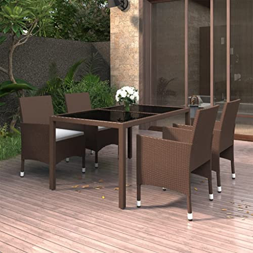 Gartenstuhl, 5-teiliges Garten-ESS-Set, Polyrattan und gehärtetes Glas, Braun, Farbe: Braun