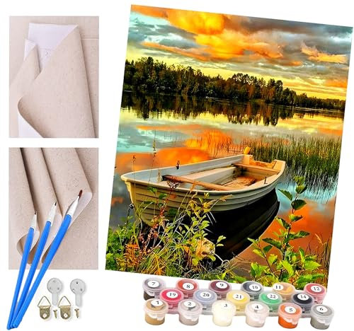 Malen nach Zahlen Kits Kunst Boot mit Sonnenuntergangslandschaft DIY vorgedruckte Leinwand Ölgemälde Geschenk für Erwachsene Kinder Home House Decor 40 * 50 cm