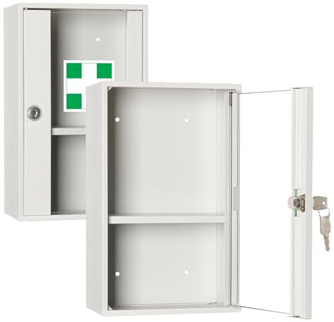 LEOMAR Medizinschrank, Apothekerschrank aus Stahlblech, mit 1 Ablage, Abschließbar, Hausapotheke inkl. 2 Schlüssel, Medikamentenschrank, Erste-Hilfe-Schrank mit Glastüren 12 x 20 x 32 cm