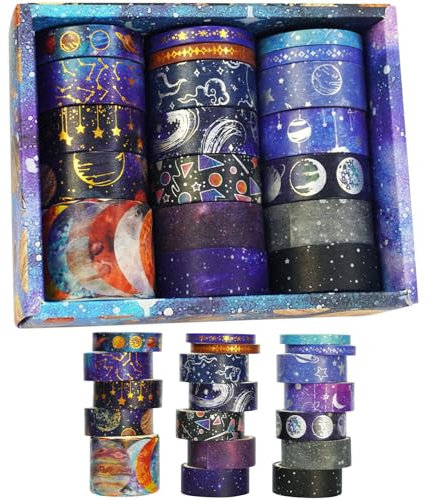 Xafrstyu 19 Stück Washi Tape Set, Vintage Dekoband mit Weltraum, Astronomie Planet Sterne Mond Universum Washi Tape, Tape Dekor für Scrapbook, DIY Handwerk