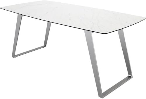 DELIFE Esszimmertisch Edge Bootsform Keramik Laminam® Statuarietto Weiß 200x100 Edelstahl Schräg