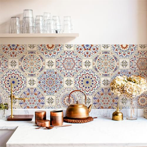 Selbstklebende Tapete Böhmisches Blau Rot Strukturtapete Wandtattoo Schlafzimmer Tapete Selbstklebend Vliestapete Wallpaper for Living Room Tapeten Leicht zu Entfernen Wandschutzfolie 38.6x250.6cm