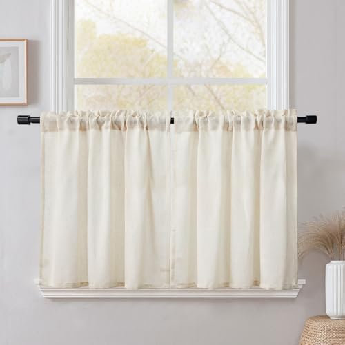 CUCRAF Kitchen Curtains Linen Blend, W 48 x L 48 Inch 2 Panels Cafe Curtains for Small Windows, Short Lightweight Curtain for Rod Pocket Kitchen Sink Cupboard Bathroom, Natural