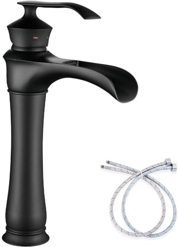 Maynosi Mitigeur Cascade Haut Lavabo, Robinet Salle de Bain Bec Rétro, Robinetterie Pour Vasque en Laiton, Robinet Lavabo Cascade, Chaud et Froide avec Tuyaux Flexibles (Noir Mat)
