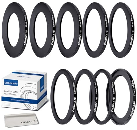 9Pcs 77mm Filter Ring Adapter Set,Filter Metal Stepping Rings for All Brands UV ND CPL 77-46mm,77-49mm,77-52mm,77-55mm,77-58mm,77-62mm,77-67mm,77-72mm,77-82mm+Lens cleaning cloth