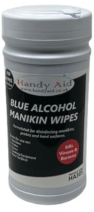 Handy Aid Disposable Manikin Wipes Large - 20 x 20cm - Tub of 200 Probe Hard Surfaces Disinfectant 70-80% Alcohol Wipes