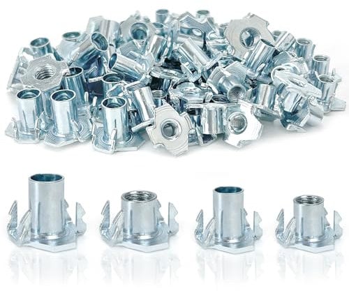 120pcs Four Pronged T Nuts Kit, Carbon Steel M6/M8 Drive-in Nuts with 4 Drive-In Tips,Barb Claw Nut Threaded Inserts Drive in Tee Nuts for Wood Furniture