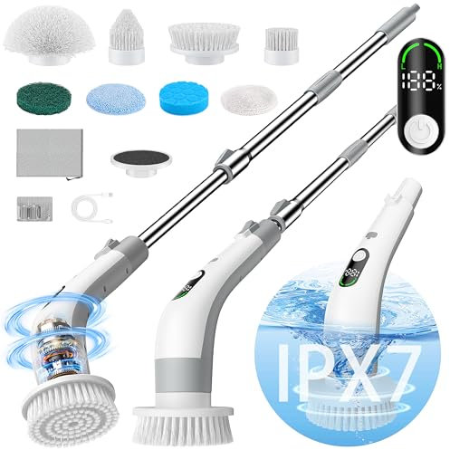 Vaxbree Electric Spin Scrubber with LED Display, IPX7 Waterproof Powerful Shower Scrubber, 2H Runtime, 2 Speeds, Adjustable Handle, 8 Brush Heads, Cleaning Brushes for Household Use Bathtub Tile Car