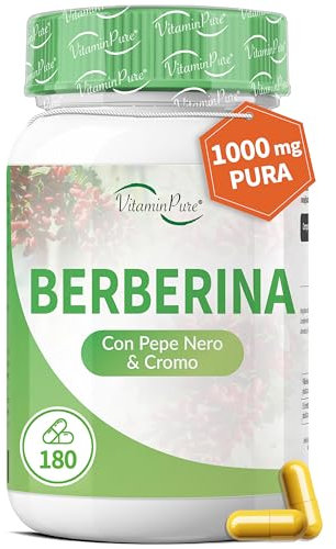 Berberina 1000mg (2 capsule da 500mg) 180 Capsule, Formula Potenziata con Pepe Nero e Cromo per un Assorbimento Migliore - Integratore 100% Naturale - VitaminPure