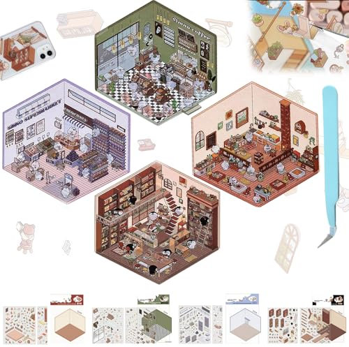 4 Sets Diy 3d House Stickers,3d House Sticker Set,sticker scenes for adults,2024 DIY 3D House Stickers,Make Your Own Supermarket|Coffee Shop|Restaurant|Bookstore,Fun Cute Scene Stickers Relief Stress