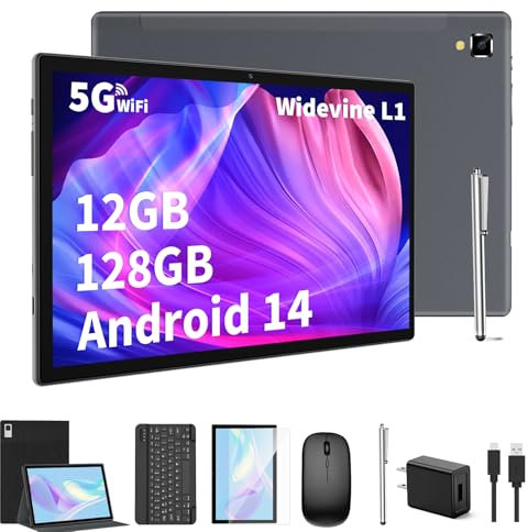 YLEEBG Tablet Android con tastiera, 10 pollici, Android 14, 12 GB di RAM, 128 GB ROM, 1 TB di espansione, 8000 mAh, 2.4 G/5G WiFi, Bluetooth, certificato GMS, con custodia, mouse, stilo Tablet PC