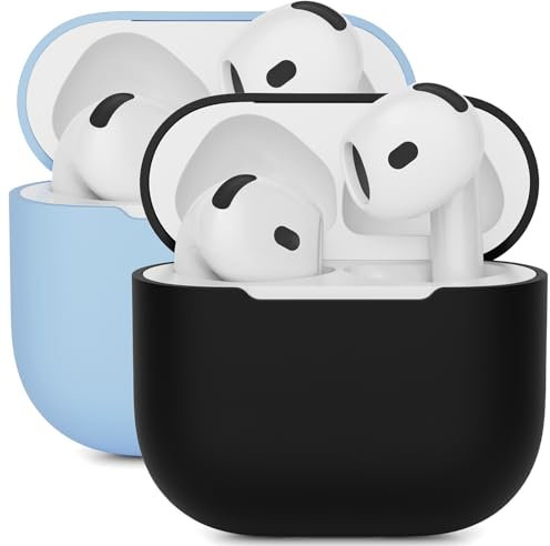 2 pieces Mocarheri Case Cover Compatible for AirPods 4th Generation, Protective Silicone Case, Ultra-Thin, Soft Silicone Shockproof, Front LED Visible (Black/Sky Blue)