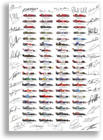 Mounted Gifts Signiertes Poster der Formel 1, alle Weltmeister der Fahrer, Saison 1950–2024, gerahmtes Bild, Foto, Autogramm, Geschenk, F1-Autos (nur A4-Poster)