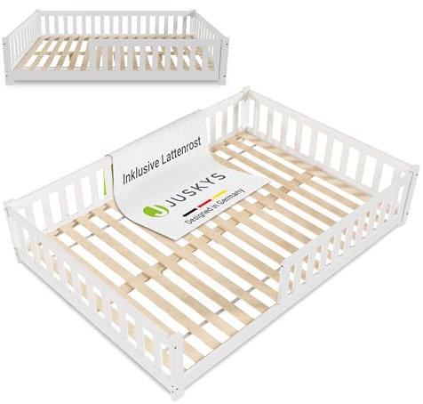 Juskys Kinderbett Naya - 140x200 cm Bett mit Rausfallschutz & Lattenrost - Holz Bodenbett für Kinder 3-10 Jahre - modernes Bettgestell Weiß