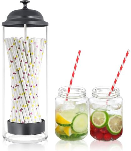 Dewocke Plastic Straw Dispenser, Drinking Straw Holder for Reusable Straws, Clear, 27x8cm, Retro Straw Dispenser, Straw Holder, Straw Container, for Straws, Sticks, Short Straws