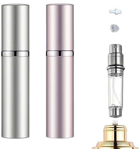 JAONLD Atomizador Perfume,2 Piezas Mini Perfumes Atomizador Recargador de Perfume,Frasco Perfume Recargable para Salir de Noche,Viajar,Fiestas,Cita(5ML,Plata,Rosa)