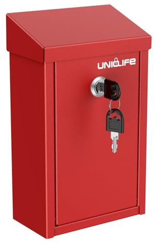 Uniclife Boîte à clés pour l'extérieur, boîte à dons en métal rouge avec serrure à clé, boîte à suggestions sûre, boîte aux lettres murale avec fente supérieure, boîte à monnaie en acier pour la