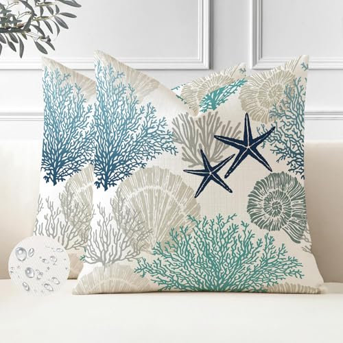Miuyunya 2er Set wasserdichte Kissenbezüge Outdoor 50x50 cm Maritim Seestern Kissenbezüge Wetterfest Sommer Polster Kissenhülle Ozean Strand Dekorative Zierkissenbezüge für Sofa Wohnzimmer Frühling