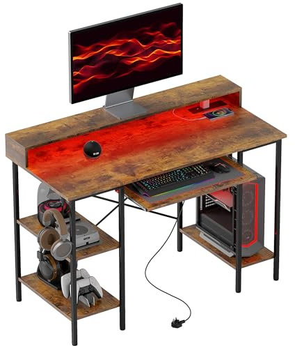 HOMCOM Computer Desk Table with LED Lights and Power Outlets, 120 x 55 cm Gaming Desks with Monitor Stand, Sliding Keyboard Tray and Storage Shelves for Home Office, Rustic Brown