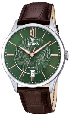 Festina Herrenuhr Analog aus Edelstahl und Leder Braun | Quarzwerk, Kalender, Widerstandsfähiges Mineralglas, Wasserdicht 5 ATM Elegant und Klassisch F20426/8