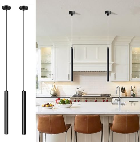 ACMHNC 2 Pack Black Pendant Light, Kitchen Island Lights, 3000 K | 5W LED Modern Cylinder Hanging Lights, 190cm Height Adjustable, 30cm Long Tube for Bedroom Shop Bar Counter