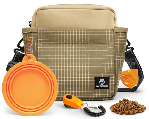 WILDOMS Dog Training Treat Pouch, Magnetic Dog Treat Fanny Pack for Walking, Crossbody Dog Walking Bag with Poop Bag Dispenser, Clicker & Collapsible Bowl - Khaki